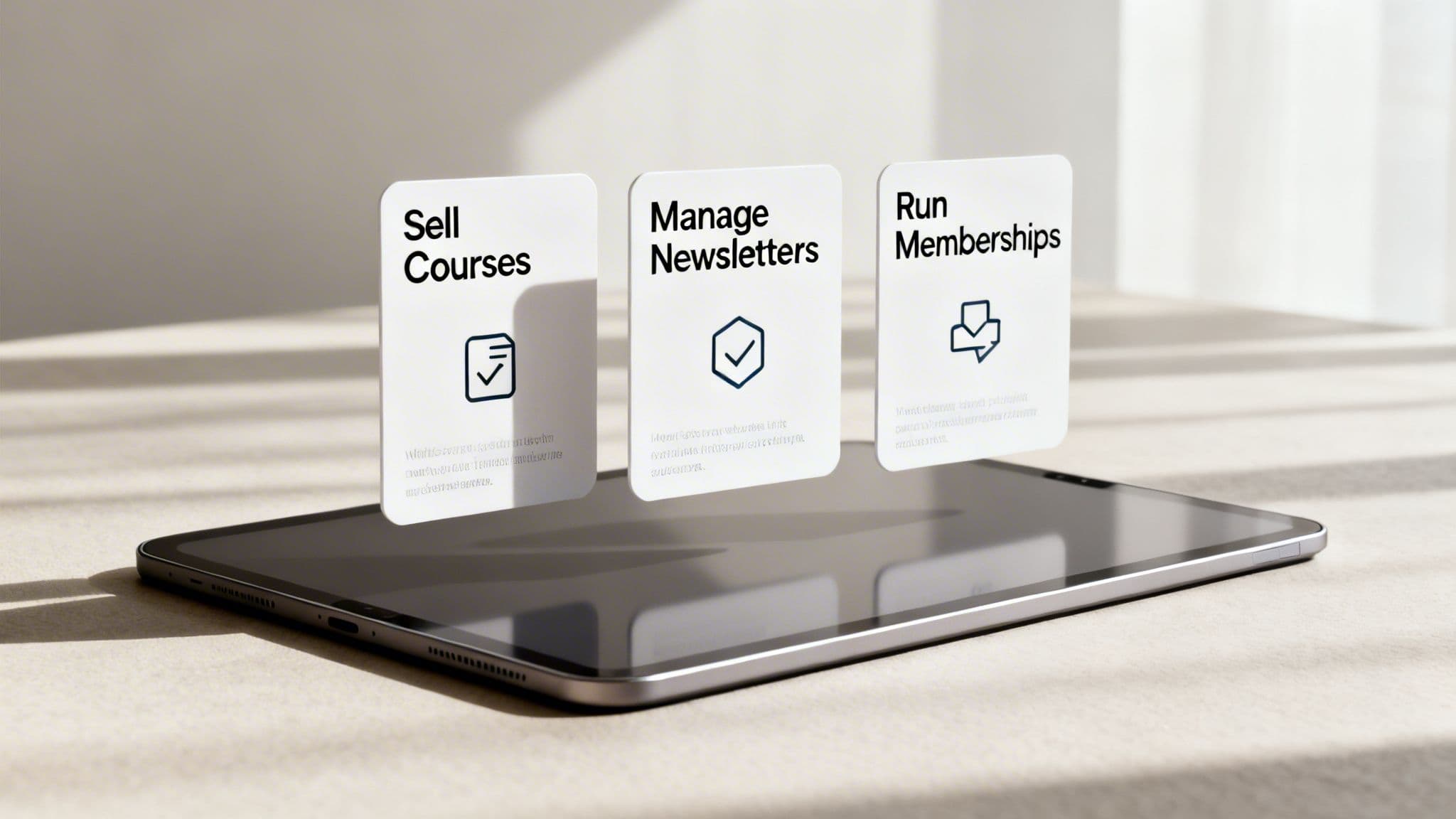 A tablet with three floating white cards showcasing features: Sell Courses, Manage Newsletters, Run Memberships.