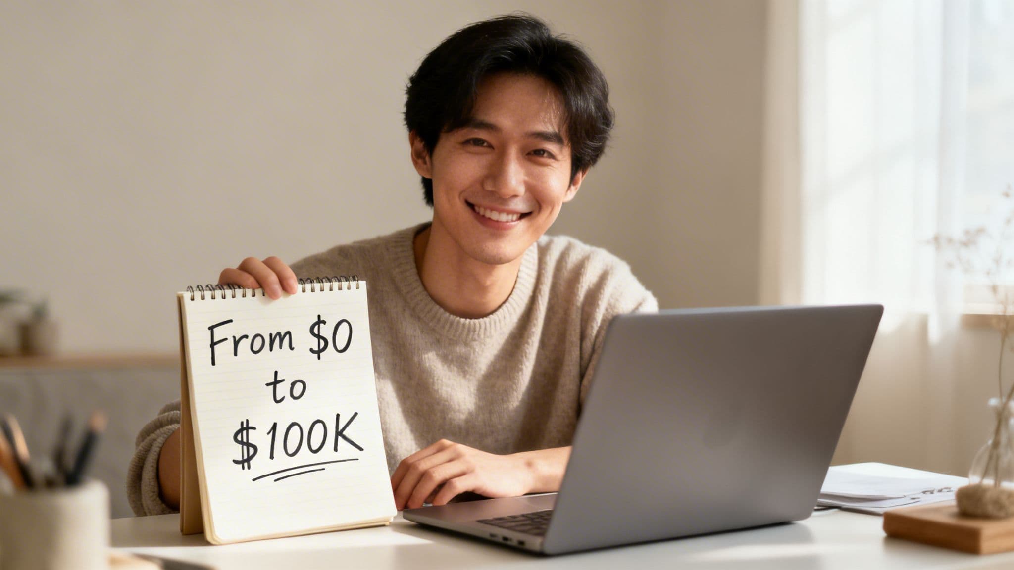 Smiling man holding a 'From $0 to $100K' sign, sitting at a desk with a laptop.