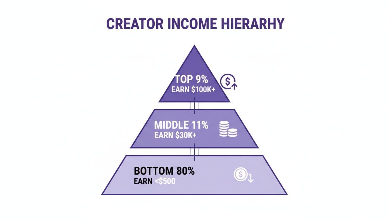 A pyramid chart illustrating the creator income hierarchy, with tiers for top, middle, and bottom earners.