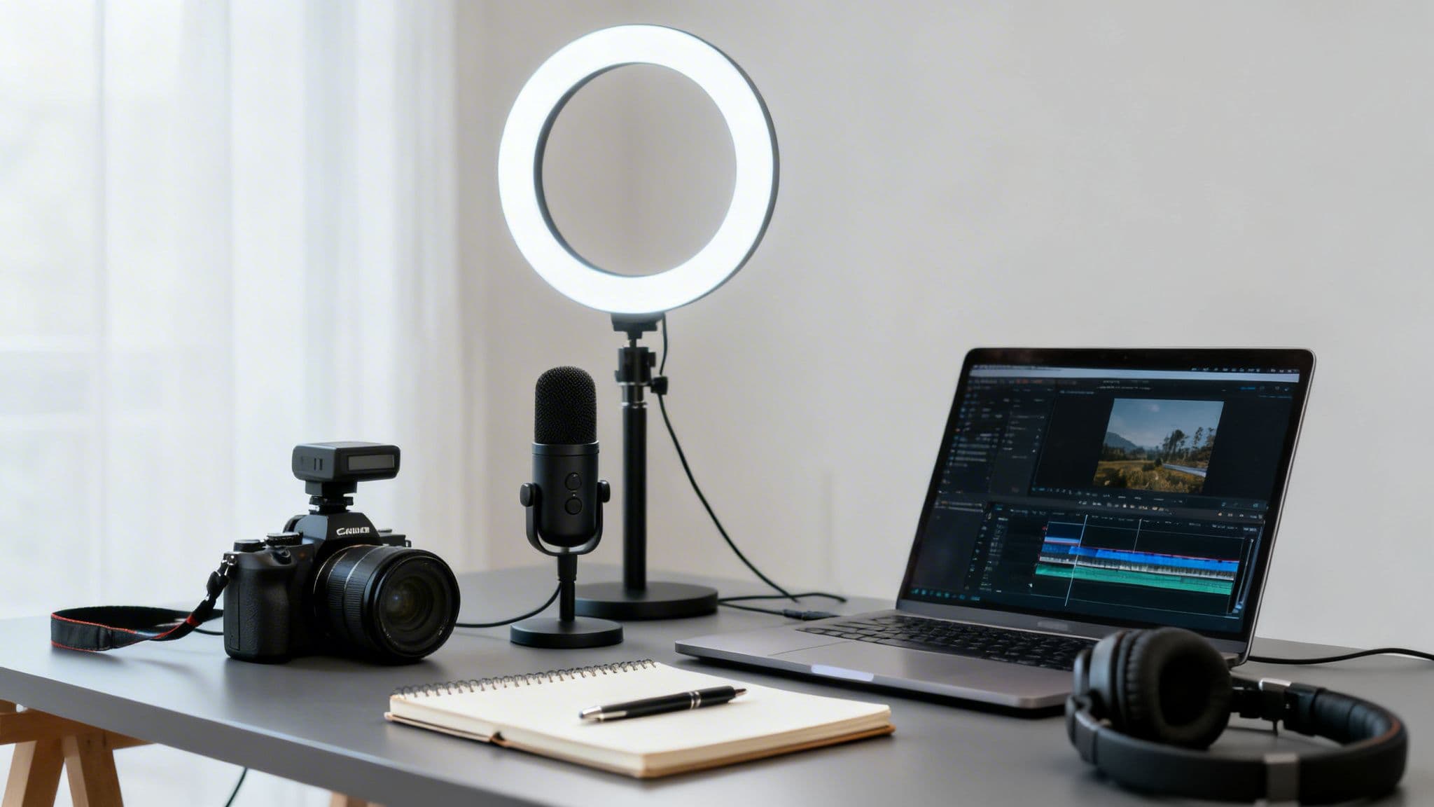 A content creator's desk with a camera, microphone, ring light, laptop, and headphones.