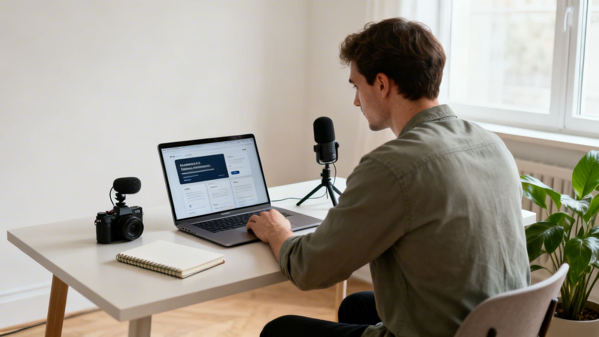 A man working at a desk setup with a laptop, microphone, and camera.