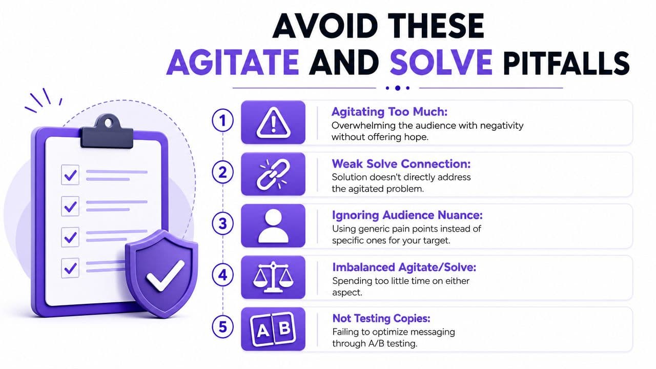 A list of five common pitfalls when using the agitate and solve marketing technique in content writing.
