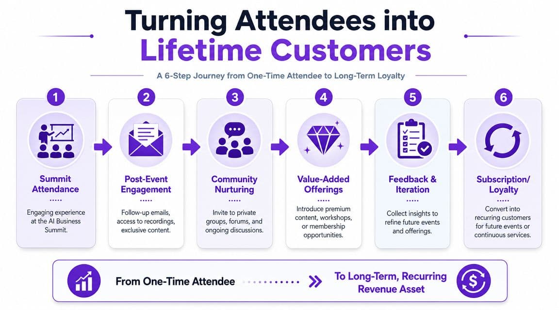 A diagram outlining a six-step strategy to transform one-time AI Business Summit attendees into loyal customers.