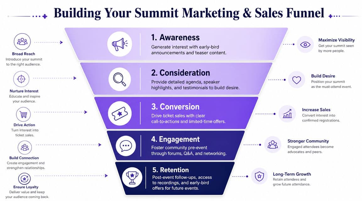 A marketing and sales funnel infographic outlining five stages for building a successful business summit.