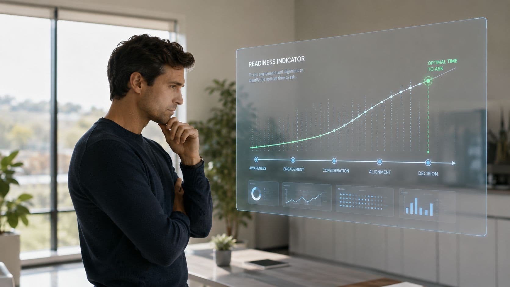 A professional man thoughtfully reviewing a digital holographic chart displaying a sales readiness indicator for decision making.
