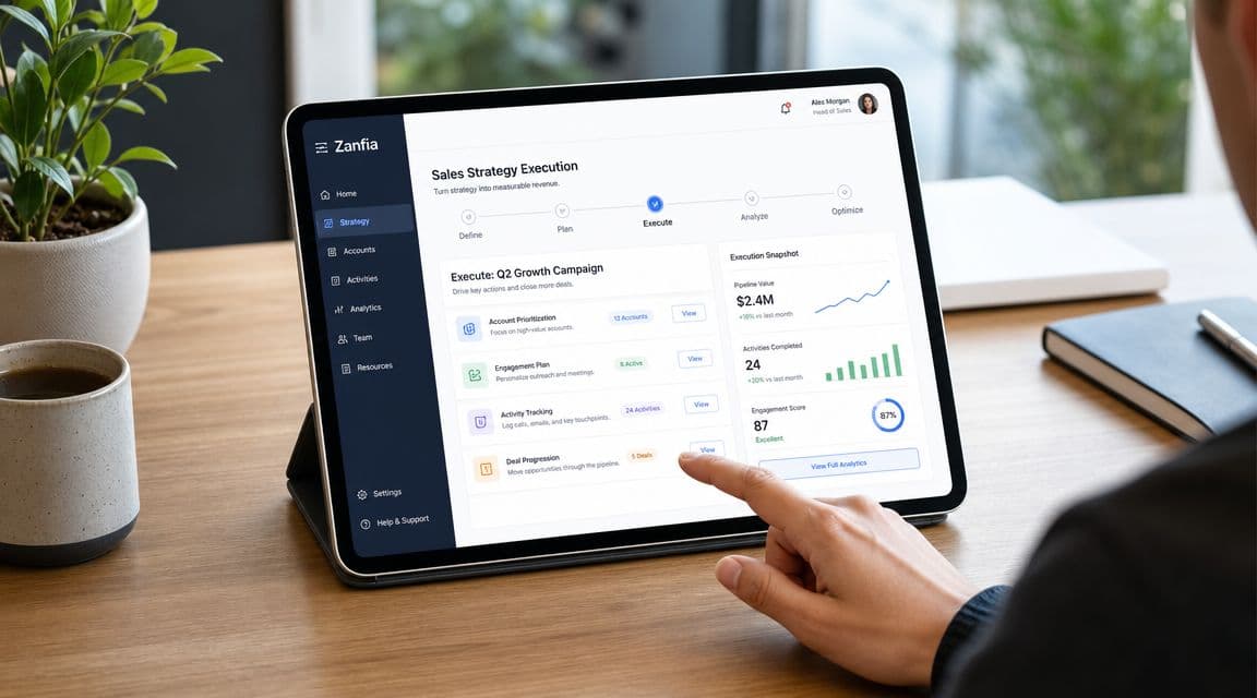 A person using a tablet to view the Zanfia sales strategy dashboard in a professional office setting.