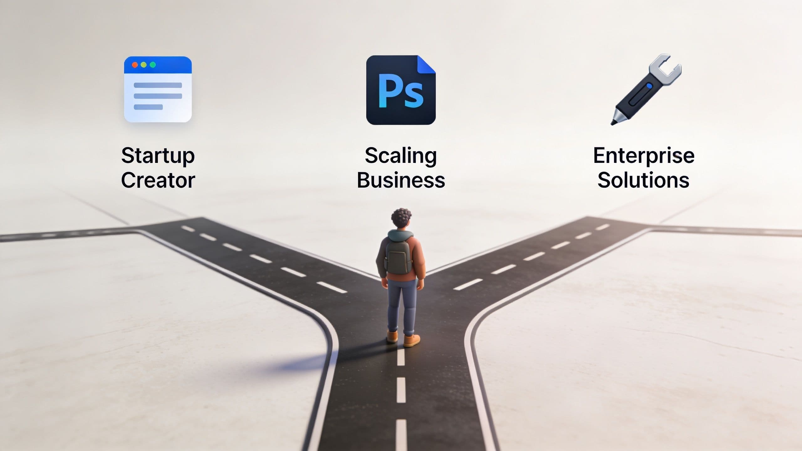 A person standing at a fork in the road choosing between startup creator, scaling business, or enterprise solutions.