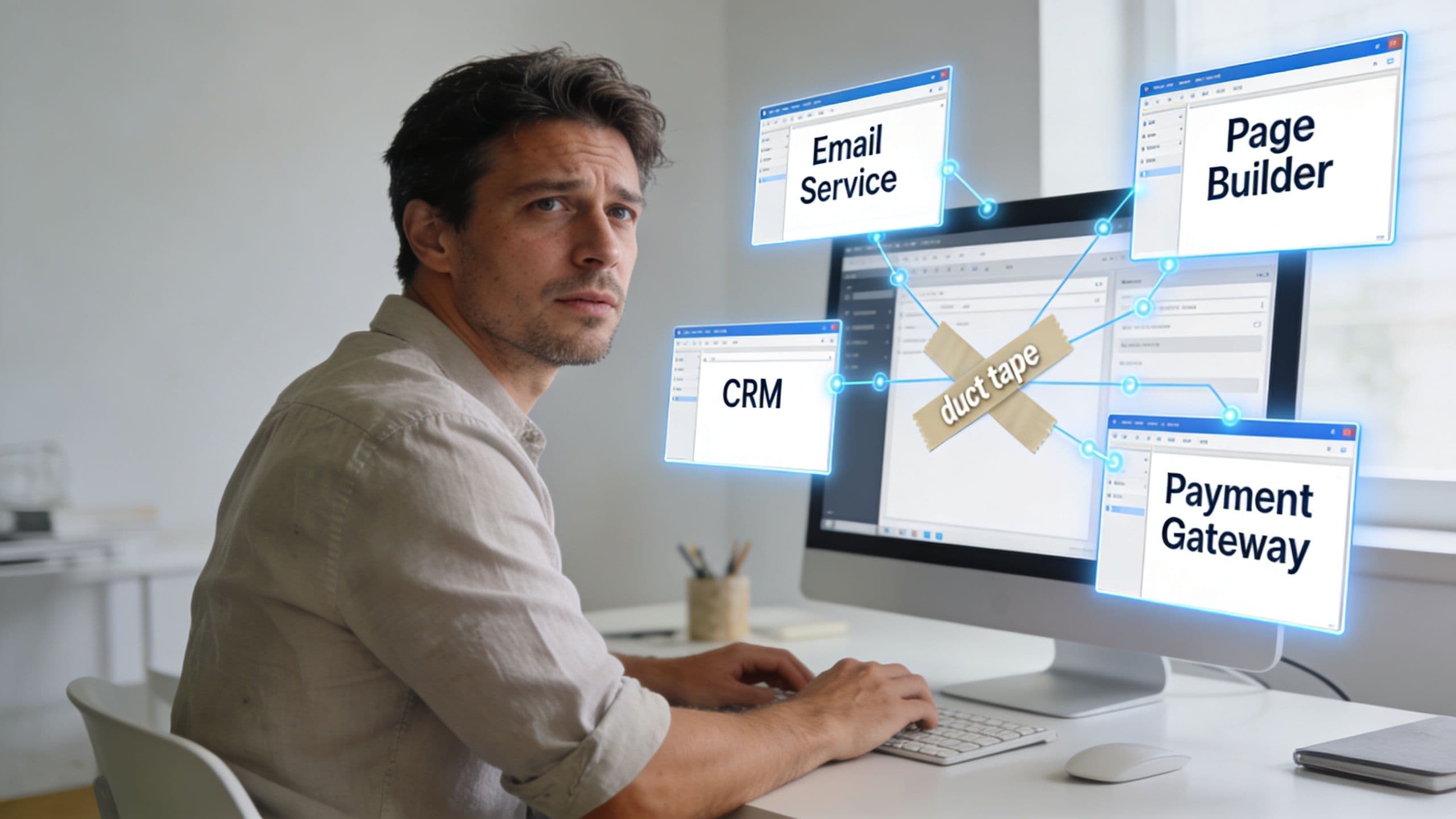A concerned professional managing complex business software integrations using digital duct tape on his computer screen.