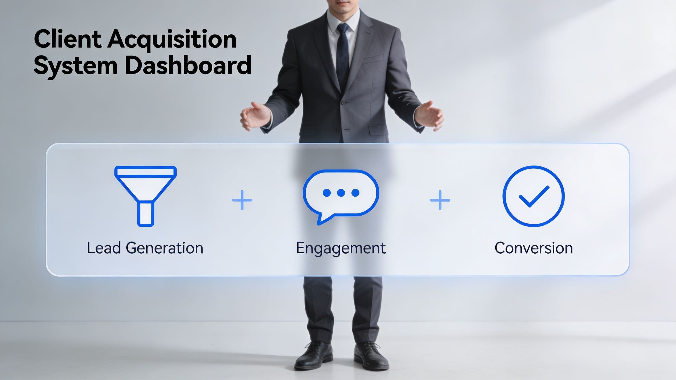 A businessman standing behind a digital interface showing a three-step client acquisition process: lead generation, engagement, and conversion.