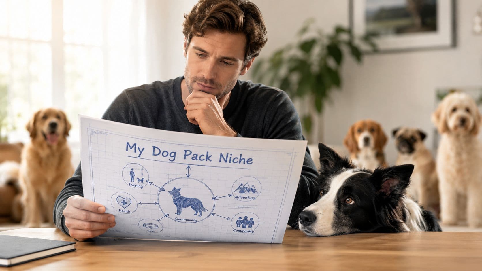 A man thoughtfully looking at a blueprint about dog pack niches with his border collie by his side.