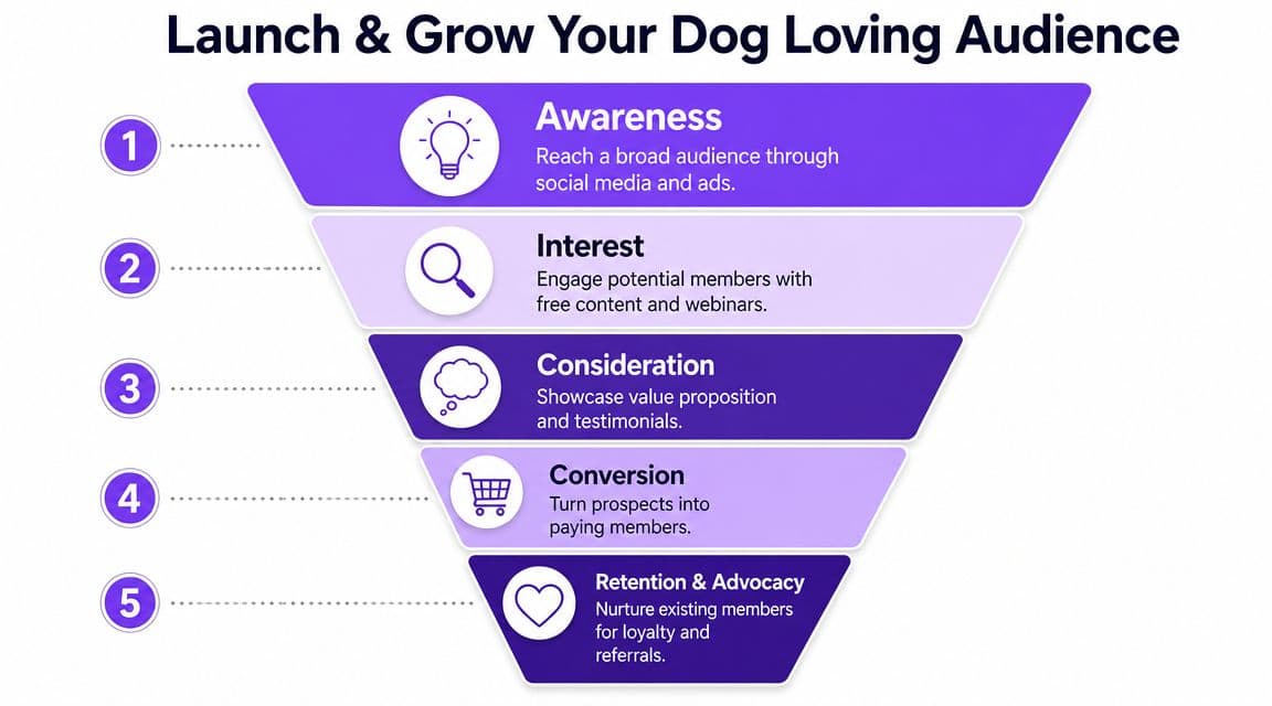 A five-step marketing funnel diagram titled Launch and Grow Your Dog Loving Audience for businesses.