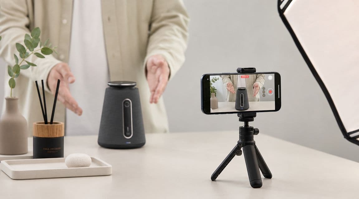 A content creator filming a product review for a speaker using a smartphone on a mini tripod.
