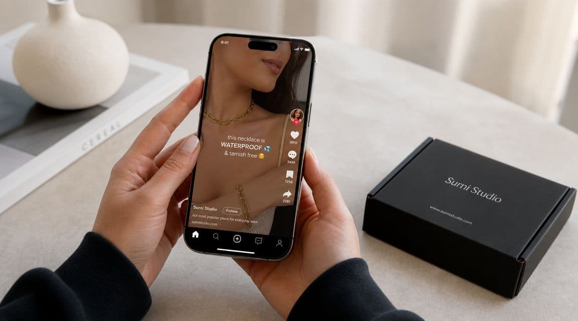 A person holding a smartphone displaying a Surni Studio social media video ad next to a branded box.