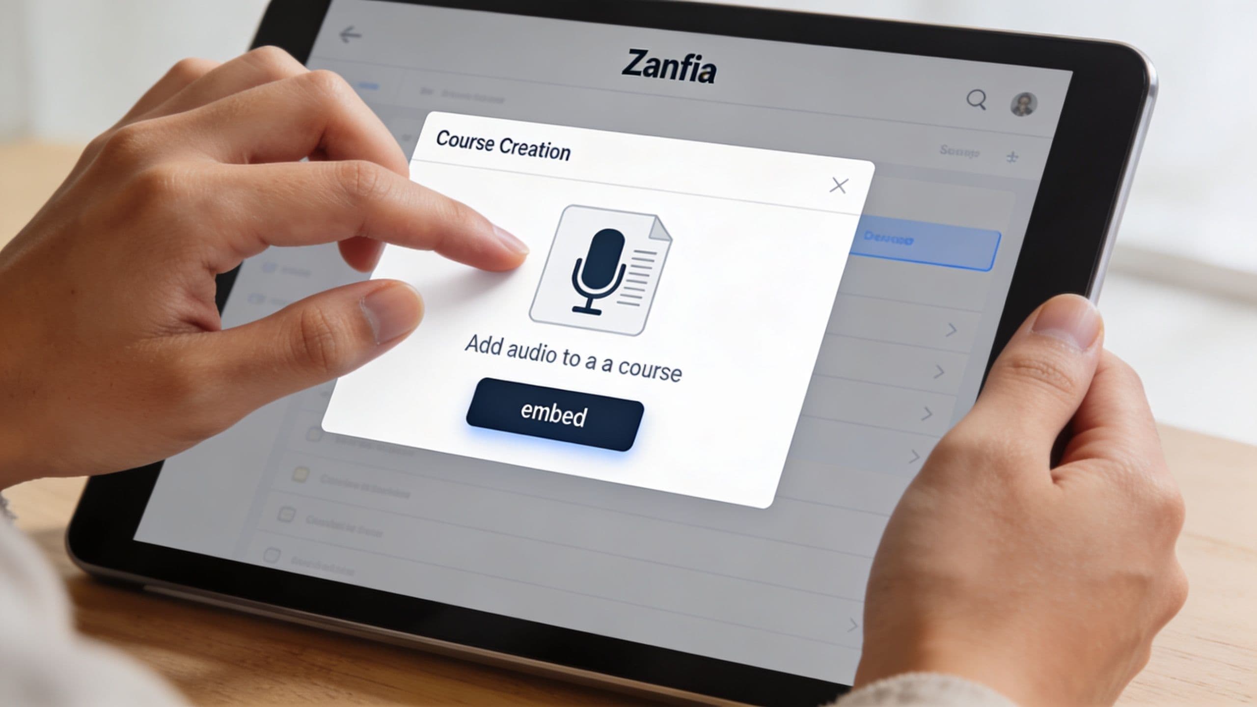 A person using a tablet to embed an audio file into a digital course creation interface.