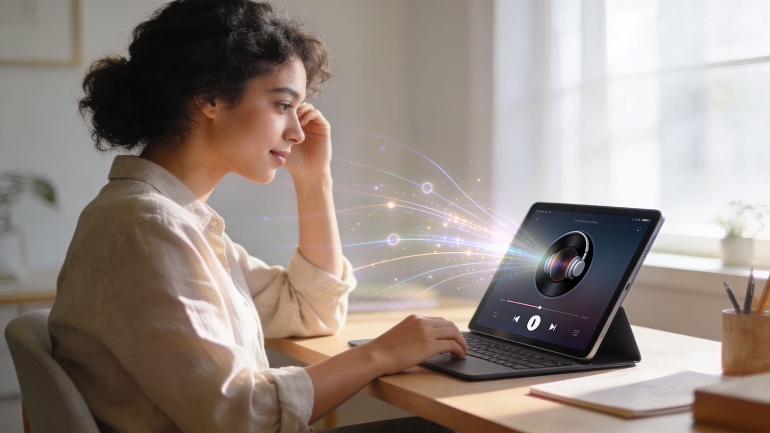 A woman using a tablet with an interactive digital audio player interface emitting glowing light trails.