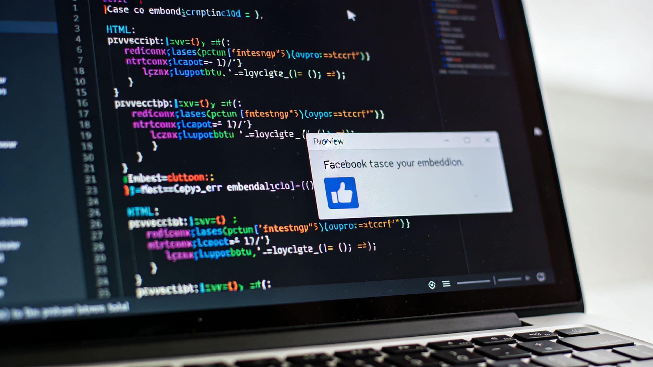 A laptop screen displaying code with a popup window featuring a Facebook like button and message.