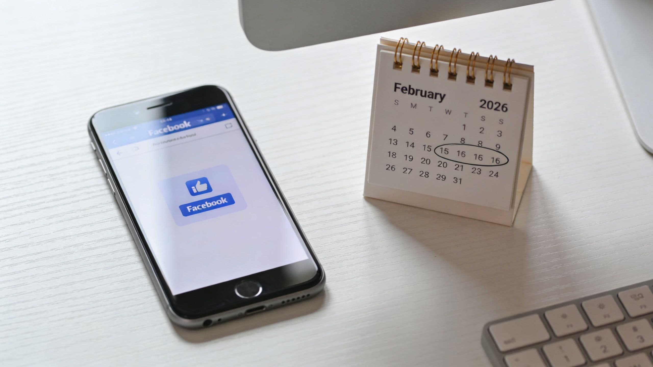 A smartphone showing the Facebook app next to a February 2026 calendar on a white desk.