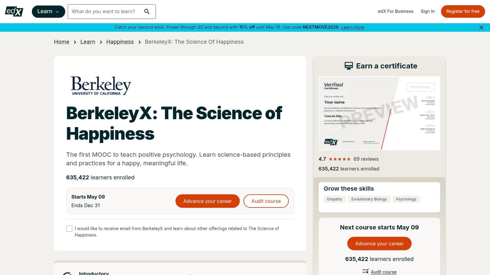 The Science of Happiness (UC Berkeley Greater Good Science Center on edX)