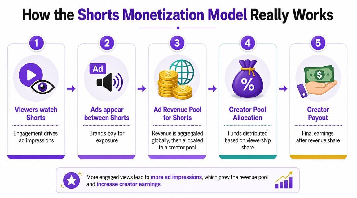 A five-step infographic showing how the YouTube Shorts monetization model works from views to creator payouts.