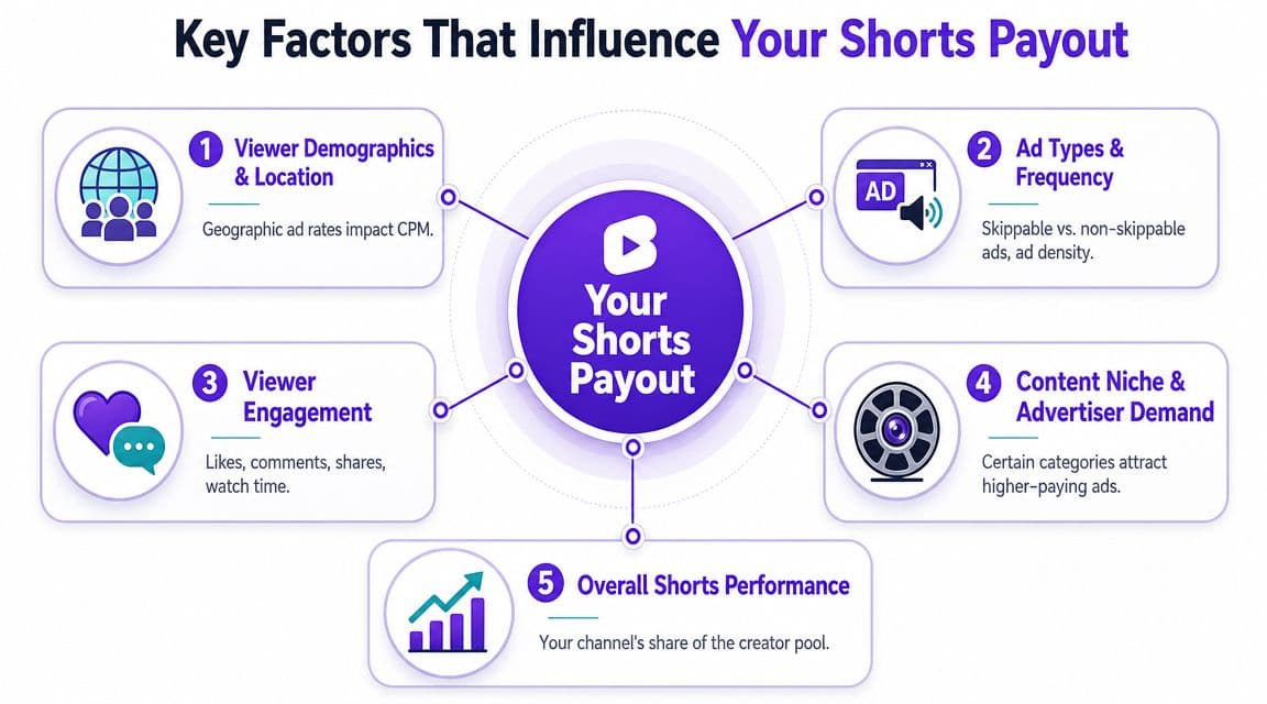 A diagram explaining five key factors that influence YouTube Shorts payout, including viewer engagement and content niche.