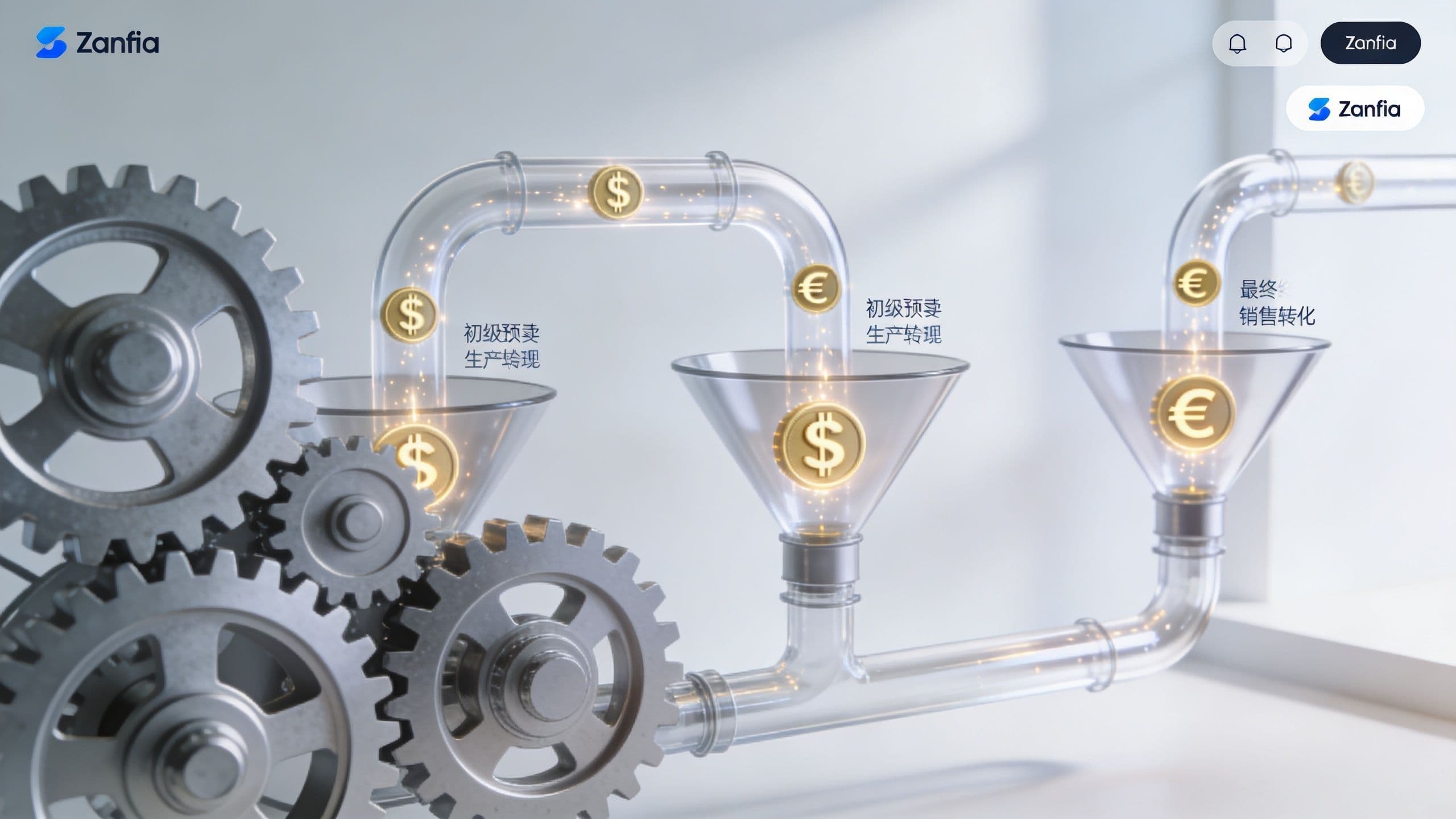 A conceptual 3D render of a business funnel system with gears representing financial transformation and automated sales conversion.
