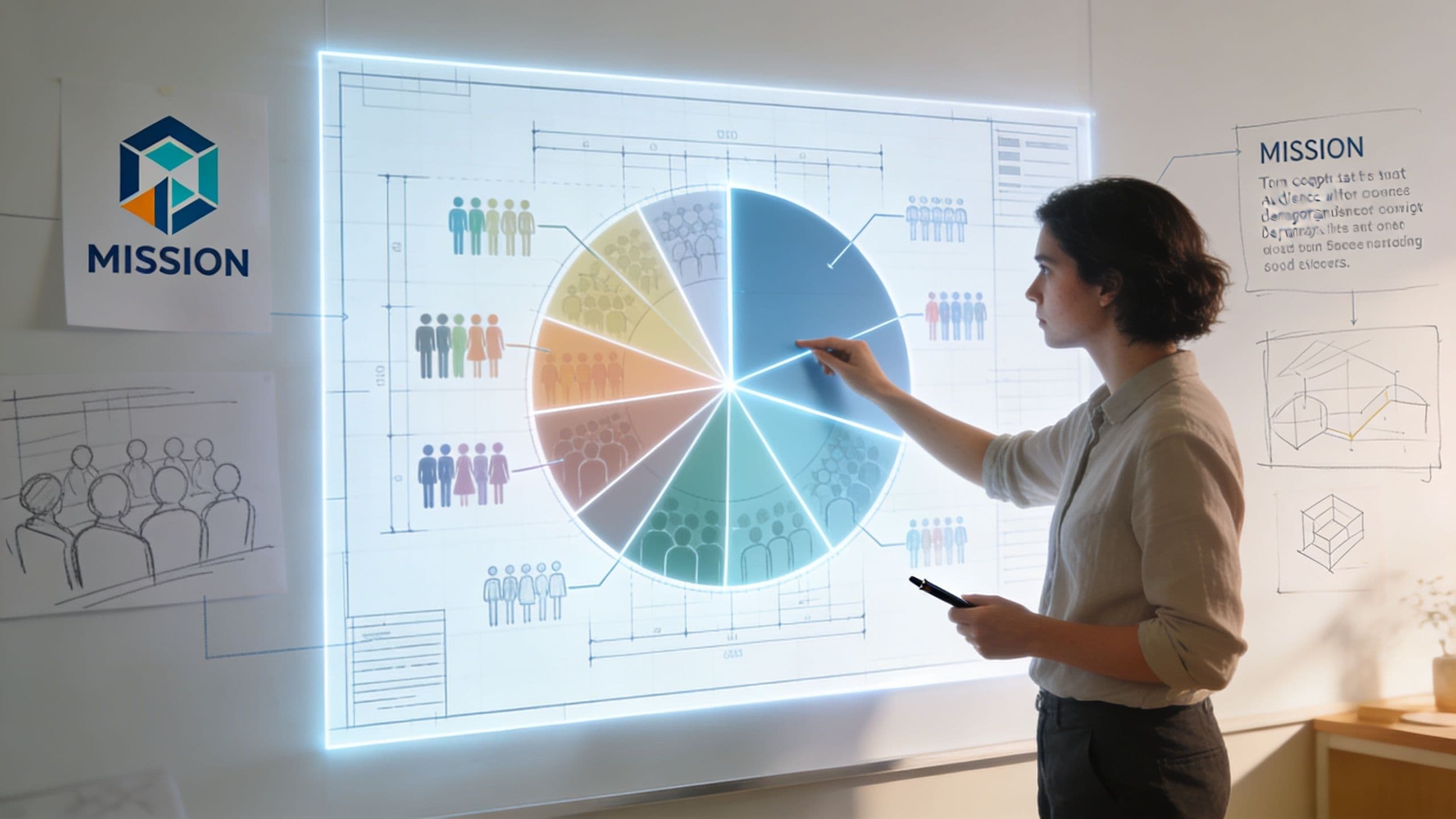 A woman interacting with a glowing digital pie chart during a business strategy and brand development session.