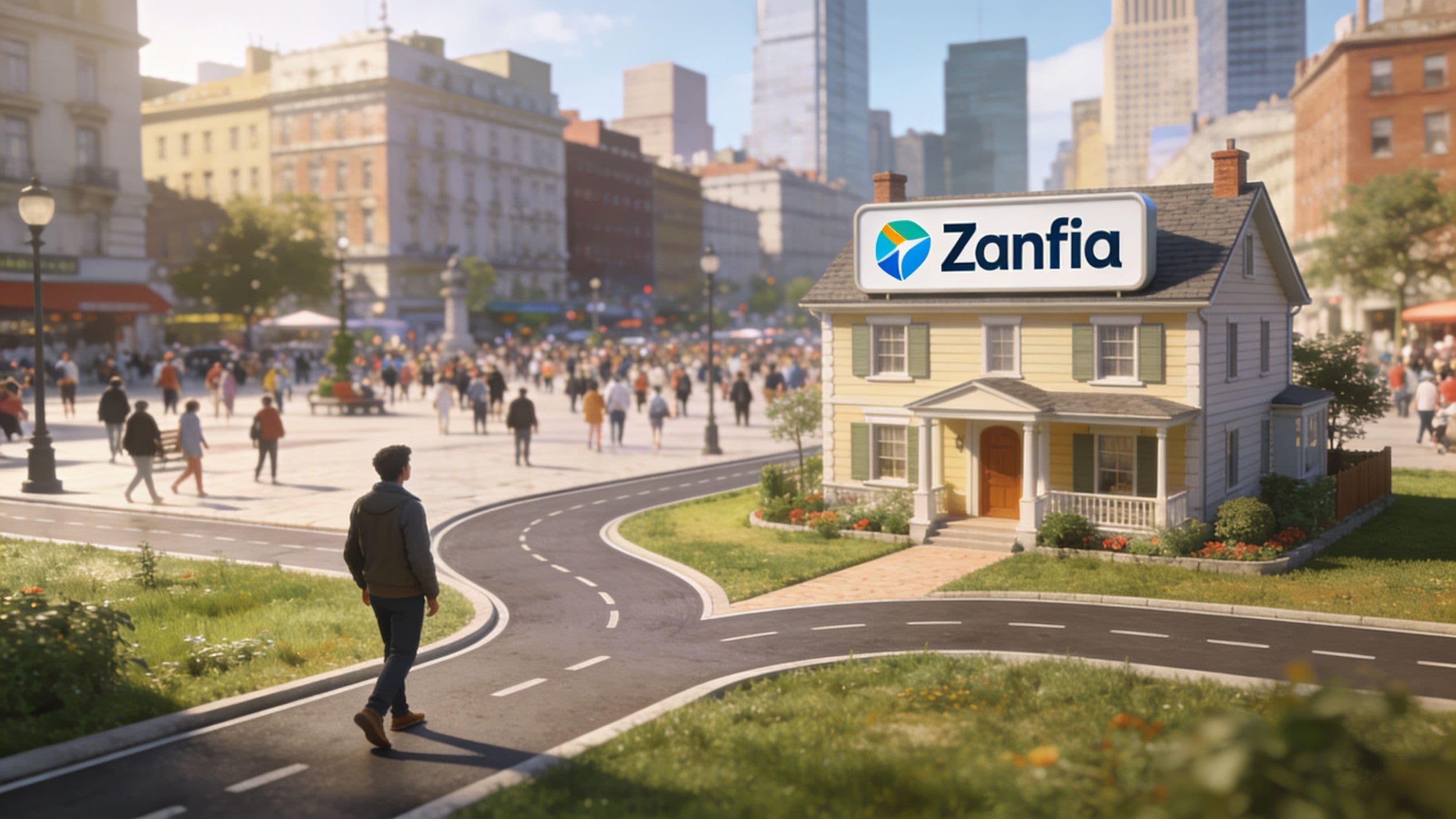 A person walking toward a charming yellow house labeled Zanfia in a busy city square setting.