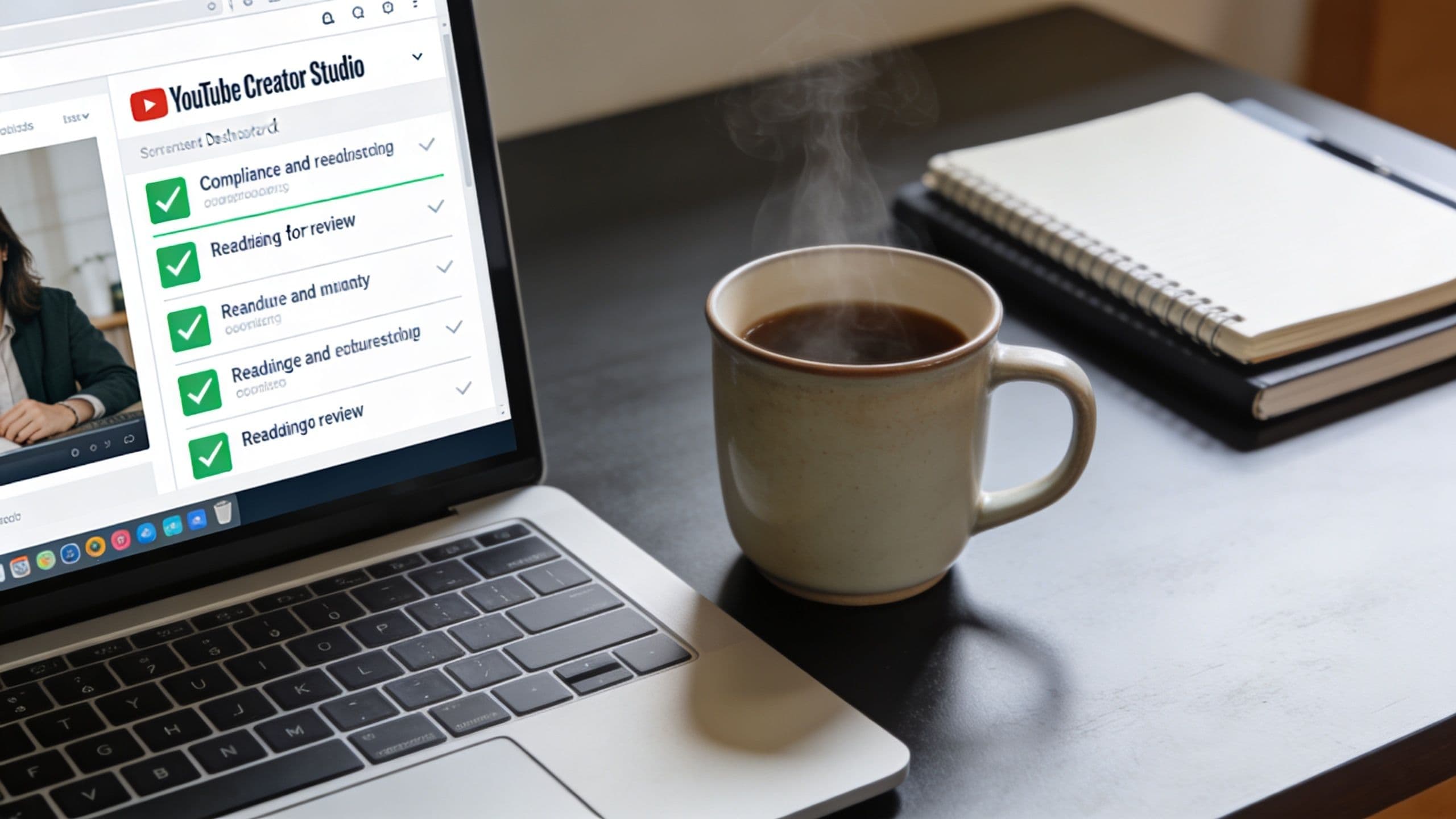 A laptop screen displaying the YouTube Creator Studio interface next to a steaming mug of coffee.