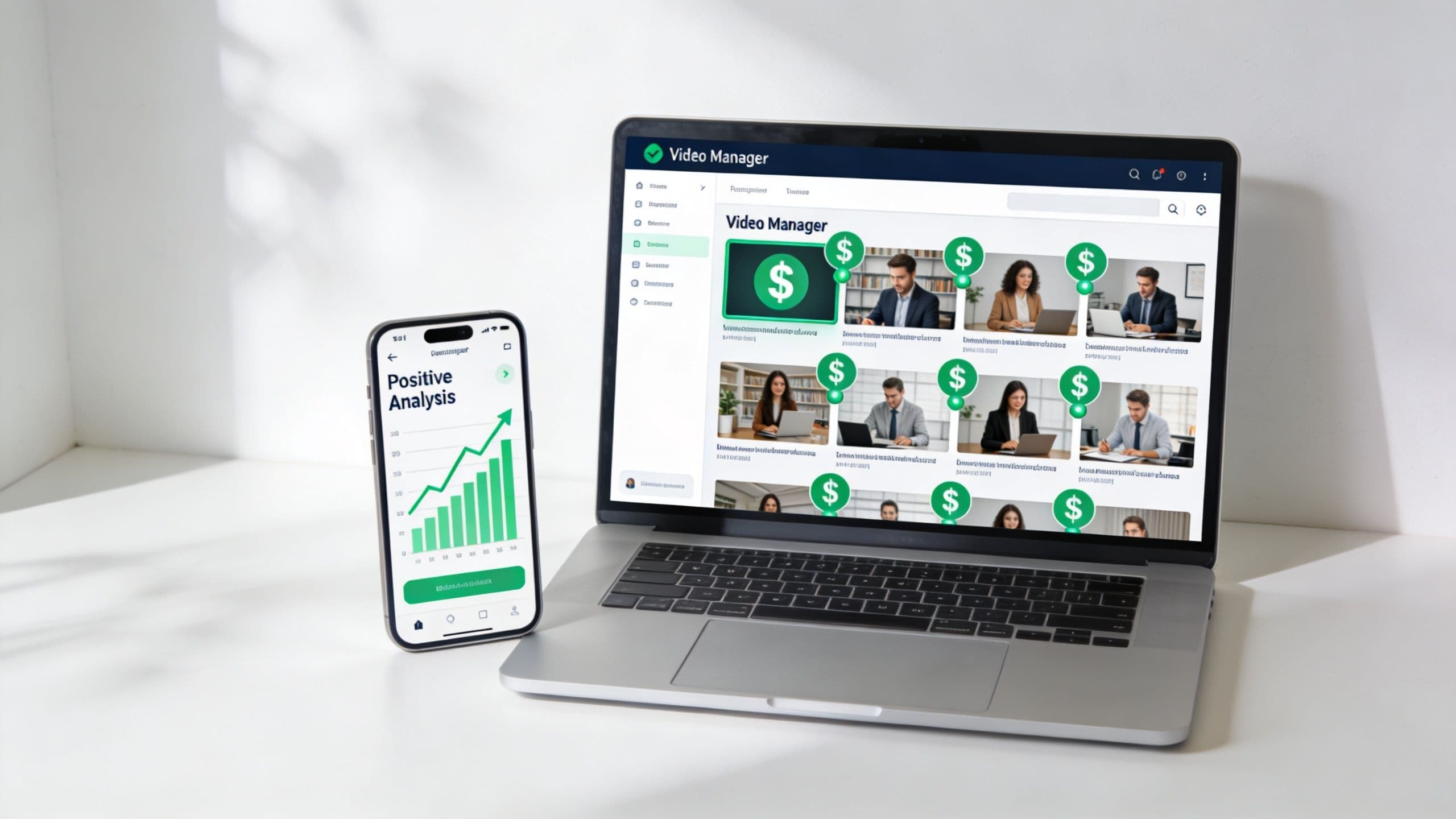 A laptop and smartphone displaying a video manager dashboard and financial growth analytics to guide YouTube monetization.