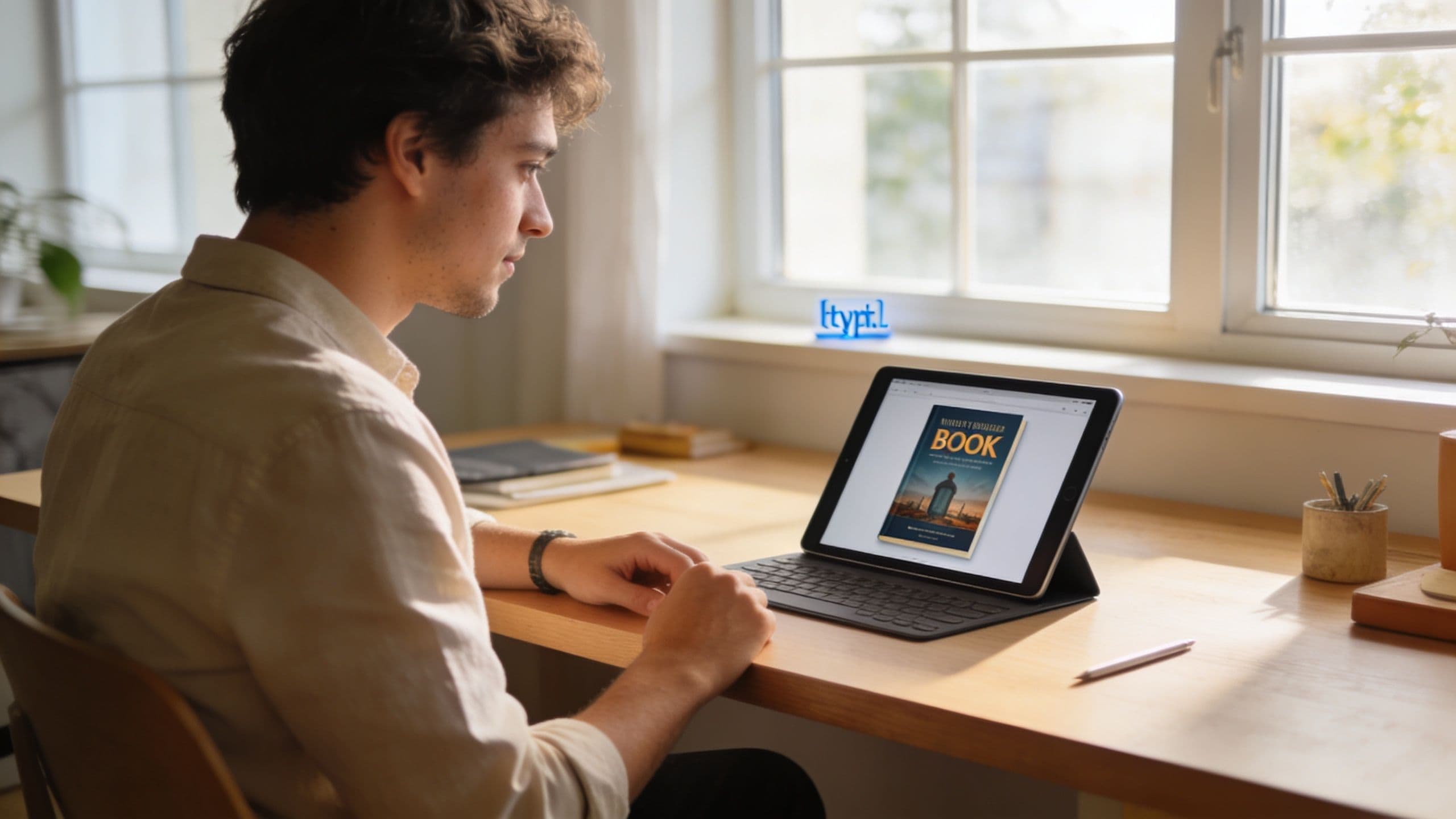 A young man sitting at a wooden desk, viewing a digital book cover on his tablet computer.