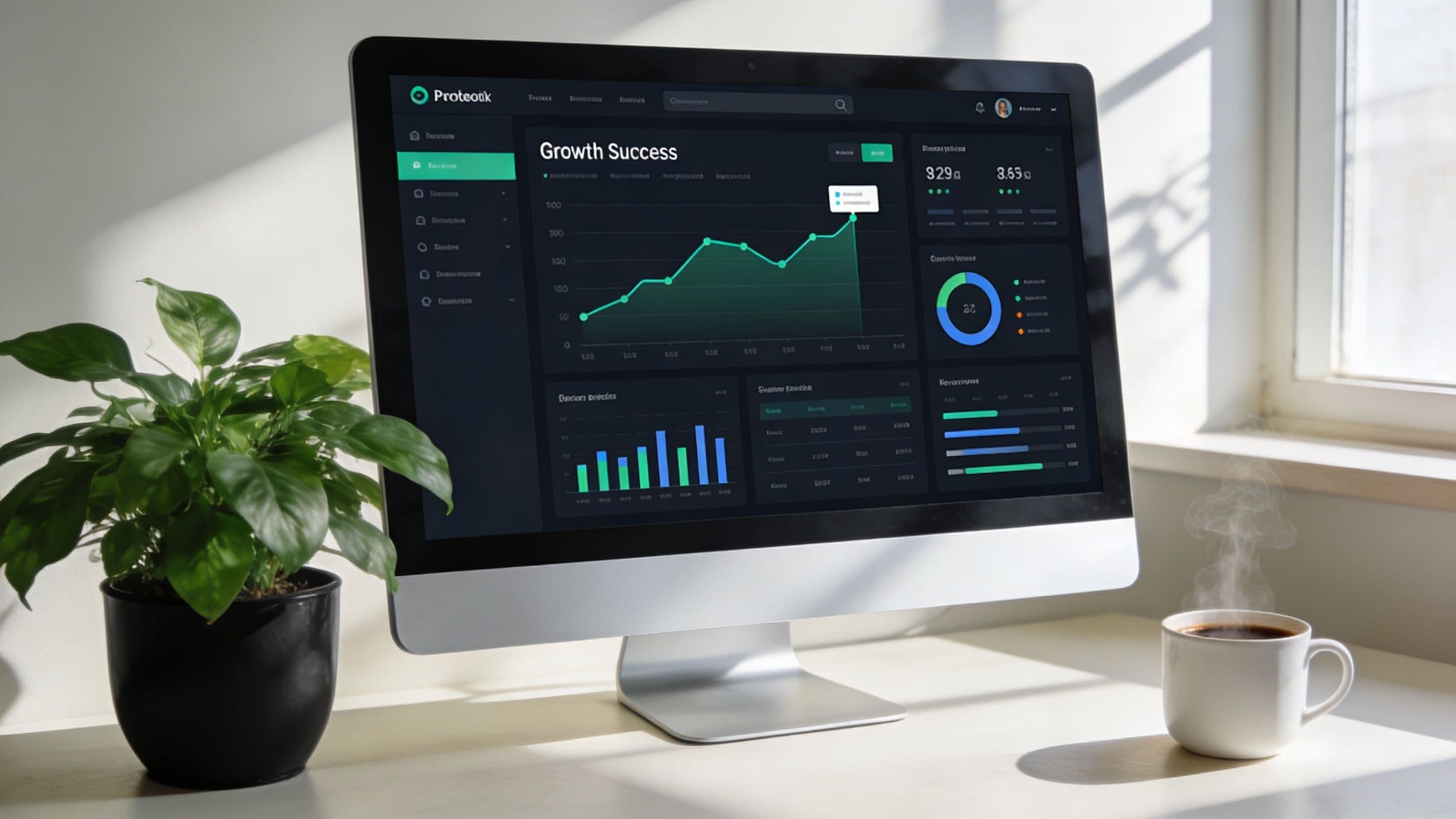 A modern computer monitor displaying a professional dark-themed business analytics dashboard on a desk with a plant.
