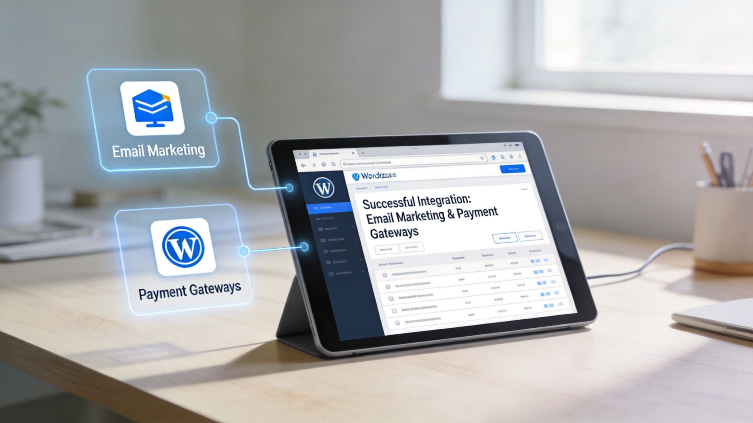 A digital tablet showing a WordPress landing page about integrating email marketing and payment gateways.