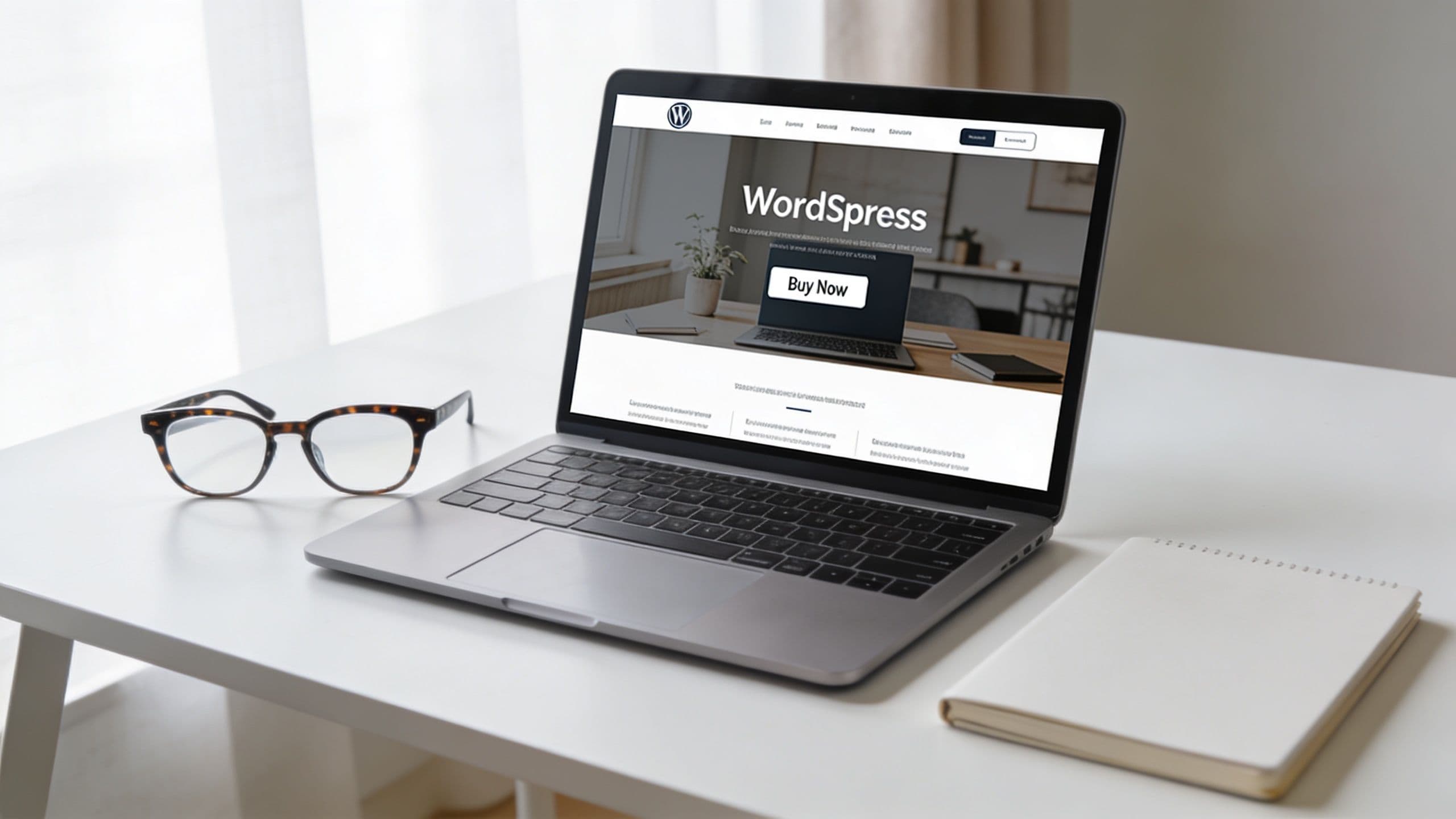A modern silver laptop open on a white desk displaying a WordPress landing page website design.