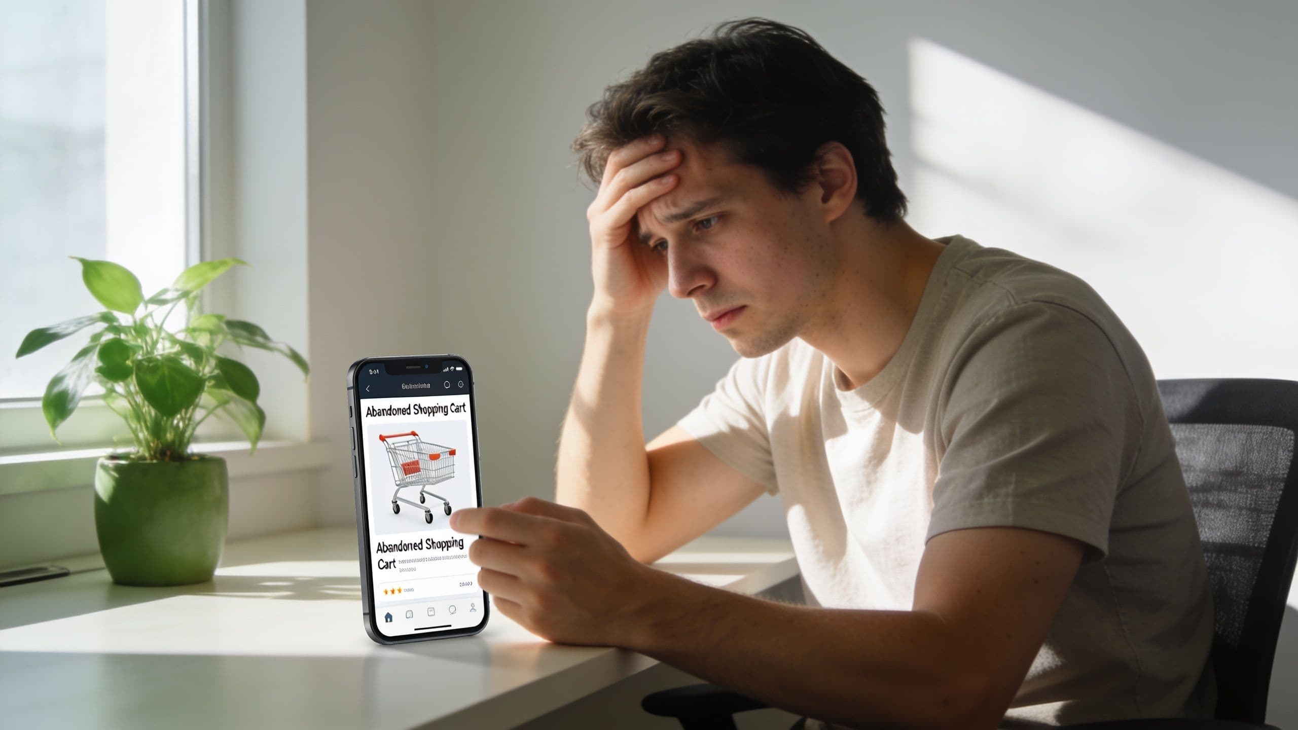 A frustrated man looking at an abandoned shopping cart notification on his mobile device screen.