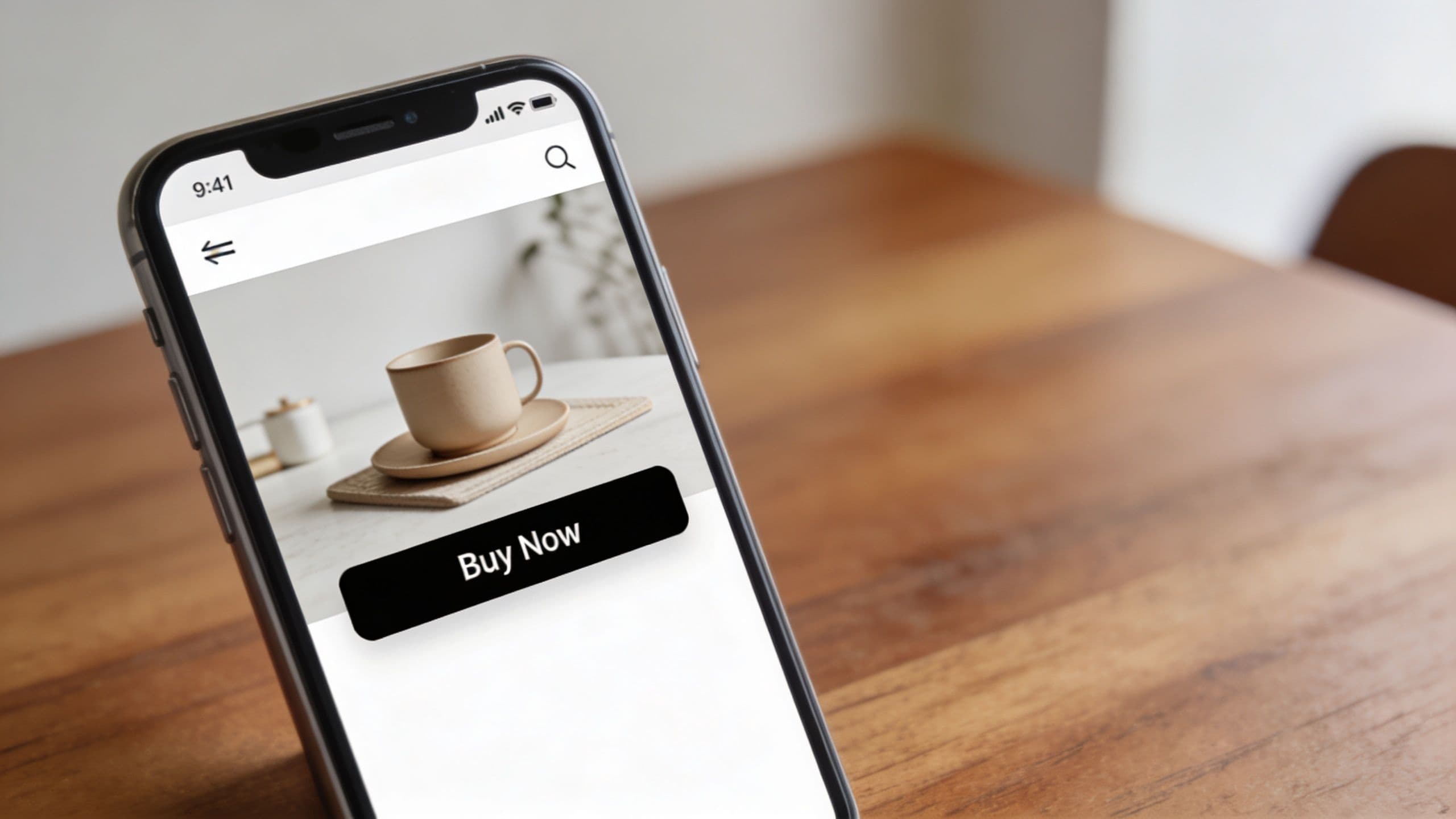 A smartphone screen displaying a mobile shopping page with a product photo and Buy Now button.