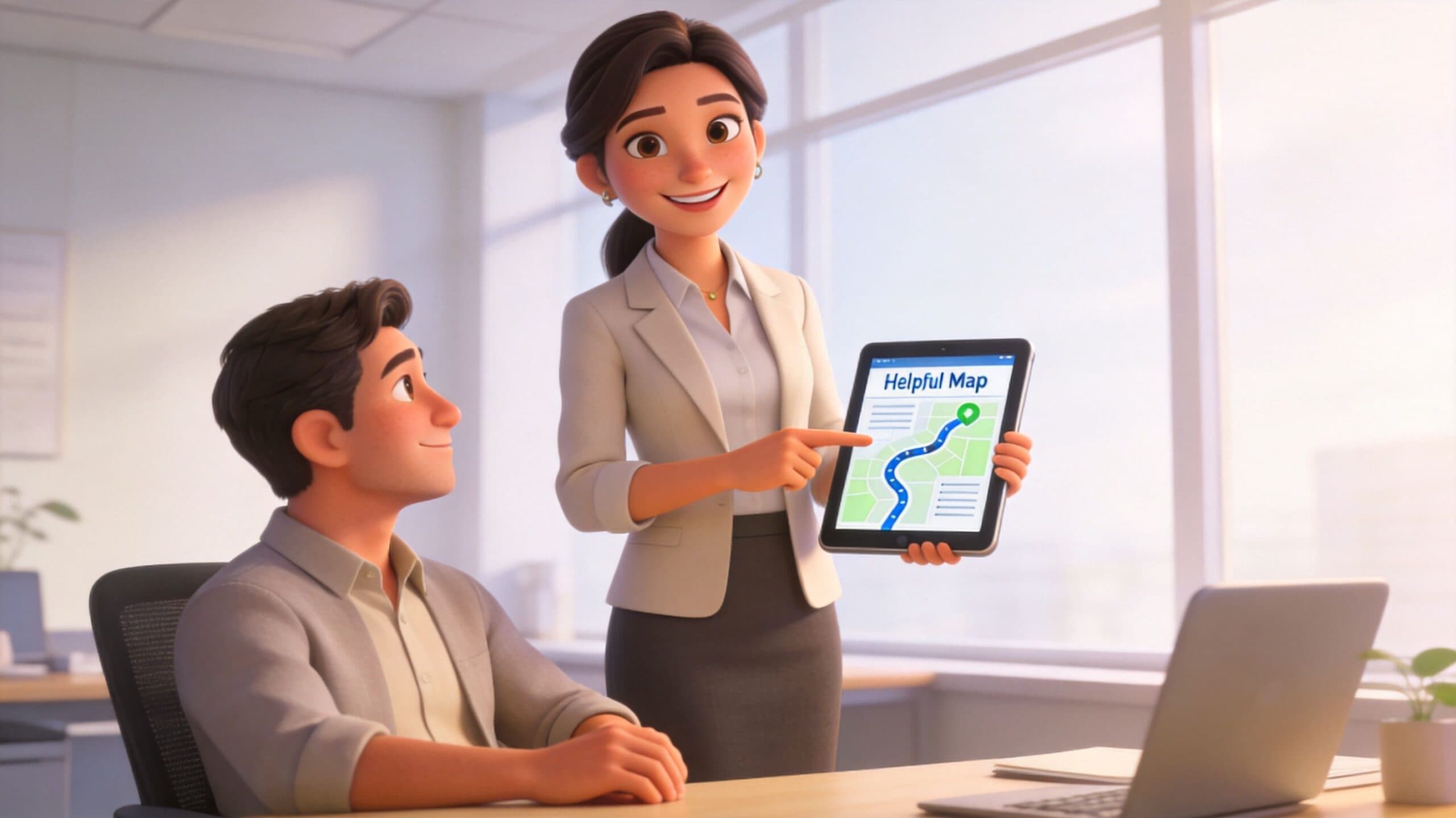 A professional woman showing a helpful map on a tablet to a man in an office.