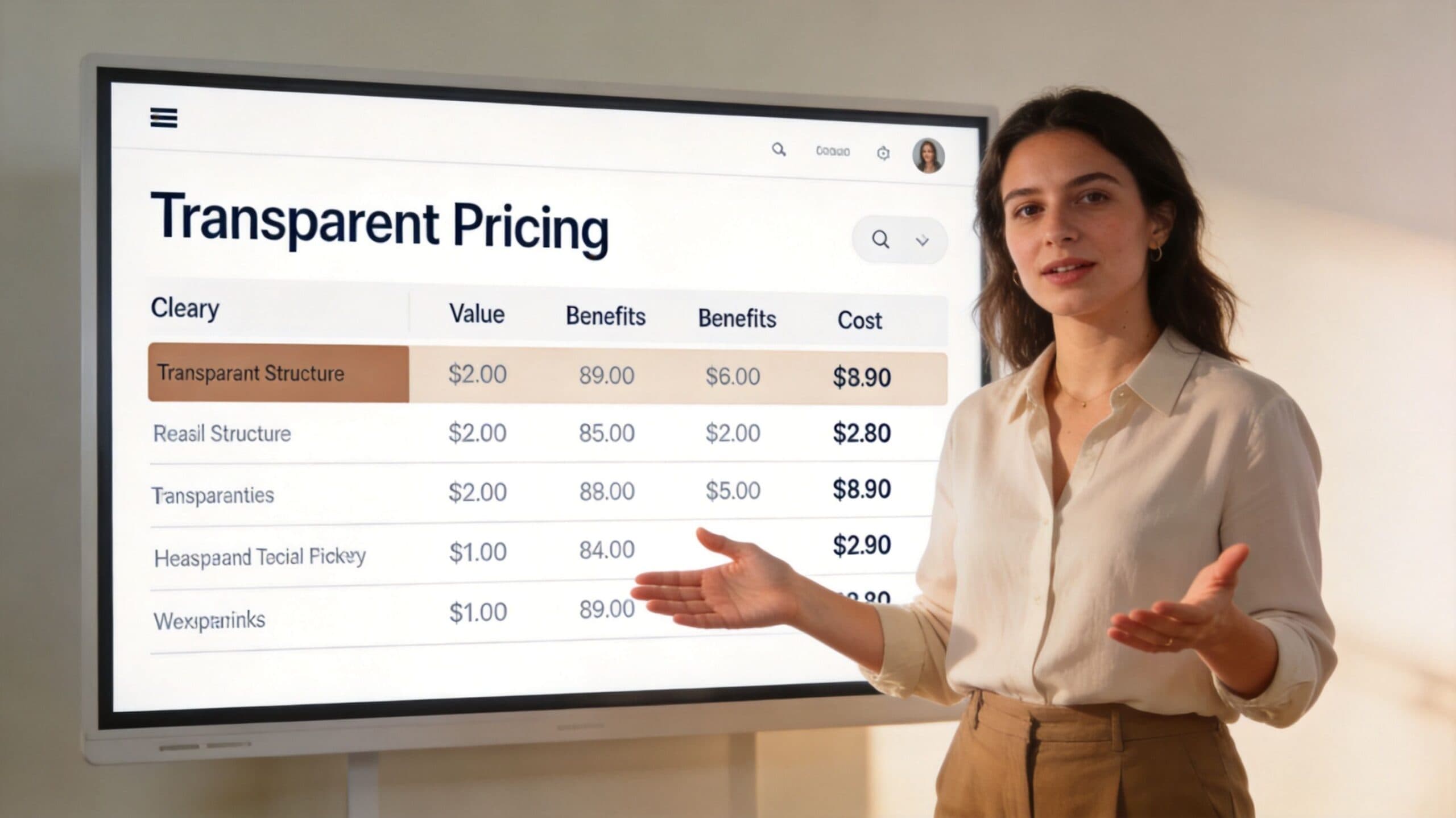 A professional woman presenting a transparent pricing comparison table on a digital screen in an office.