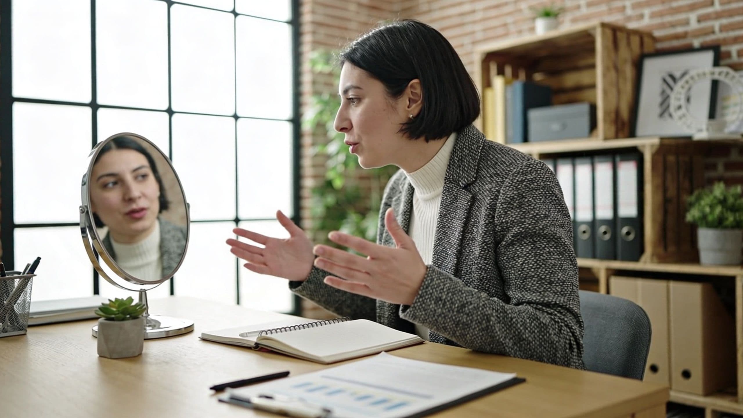 A professional woman practicing her presentation in front of a desk mirror while sitting in an office.