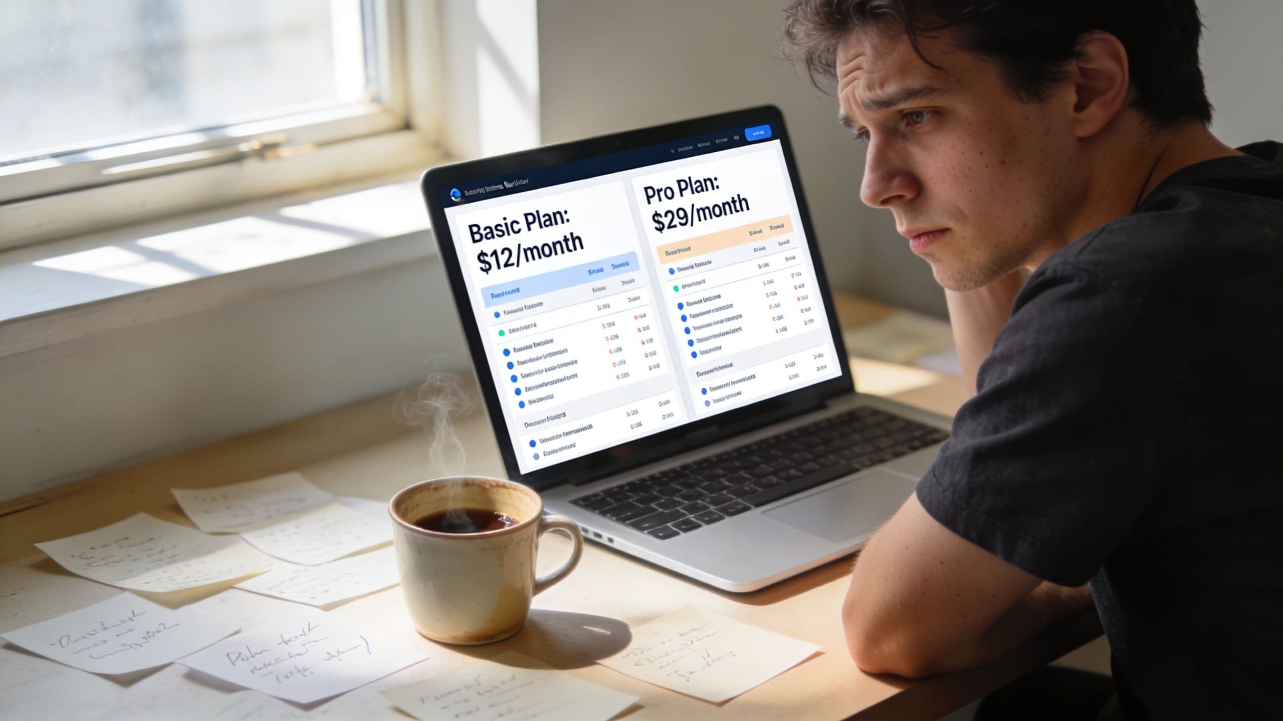 A man looks thoughtfully at a laptop screen comparing two pricing plans with a steaming mug nearby.