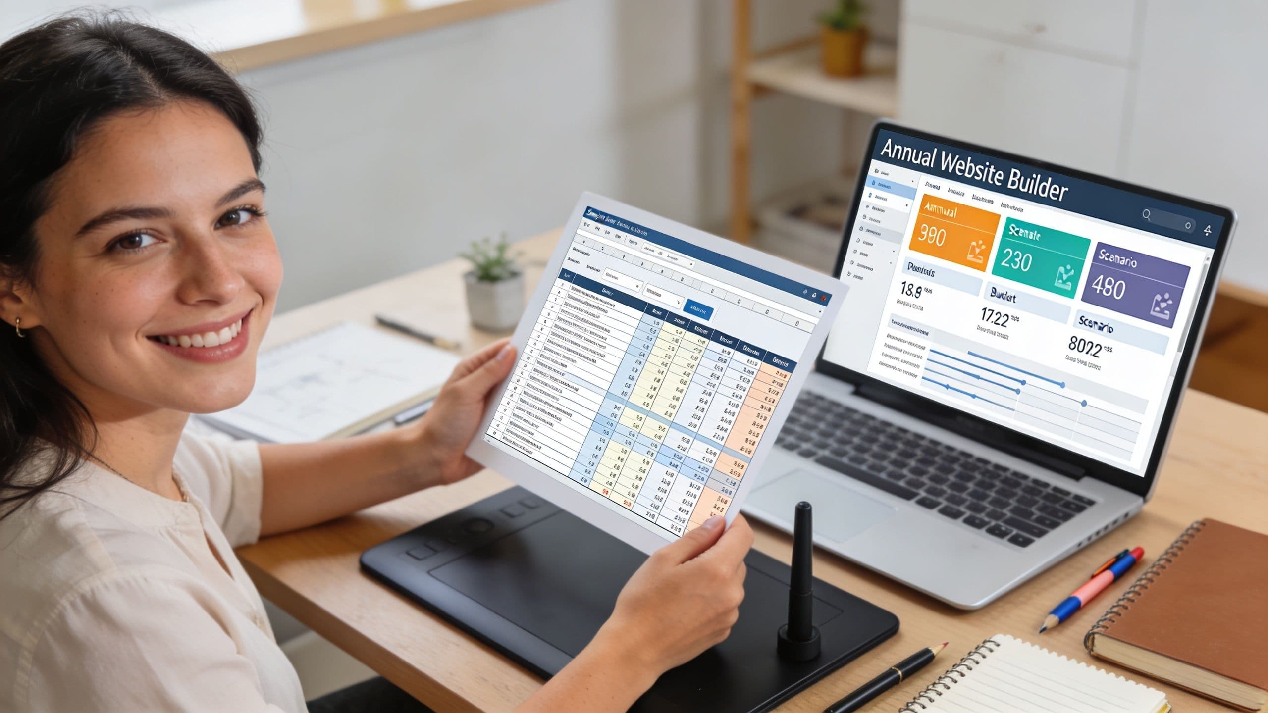 A woman smiling while holding a digital document displaying spreadsheet data next to her laptop computer.