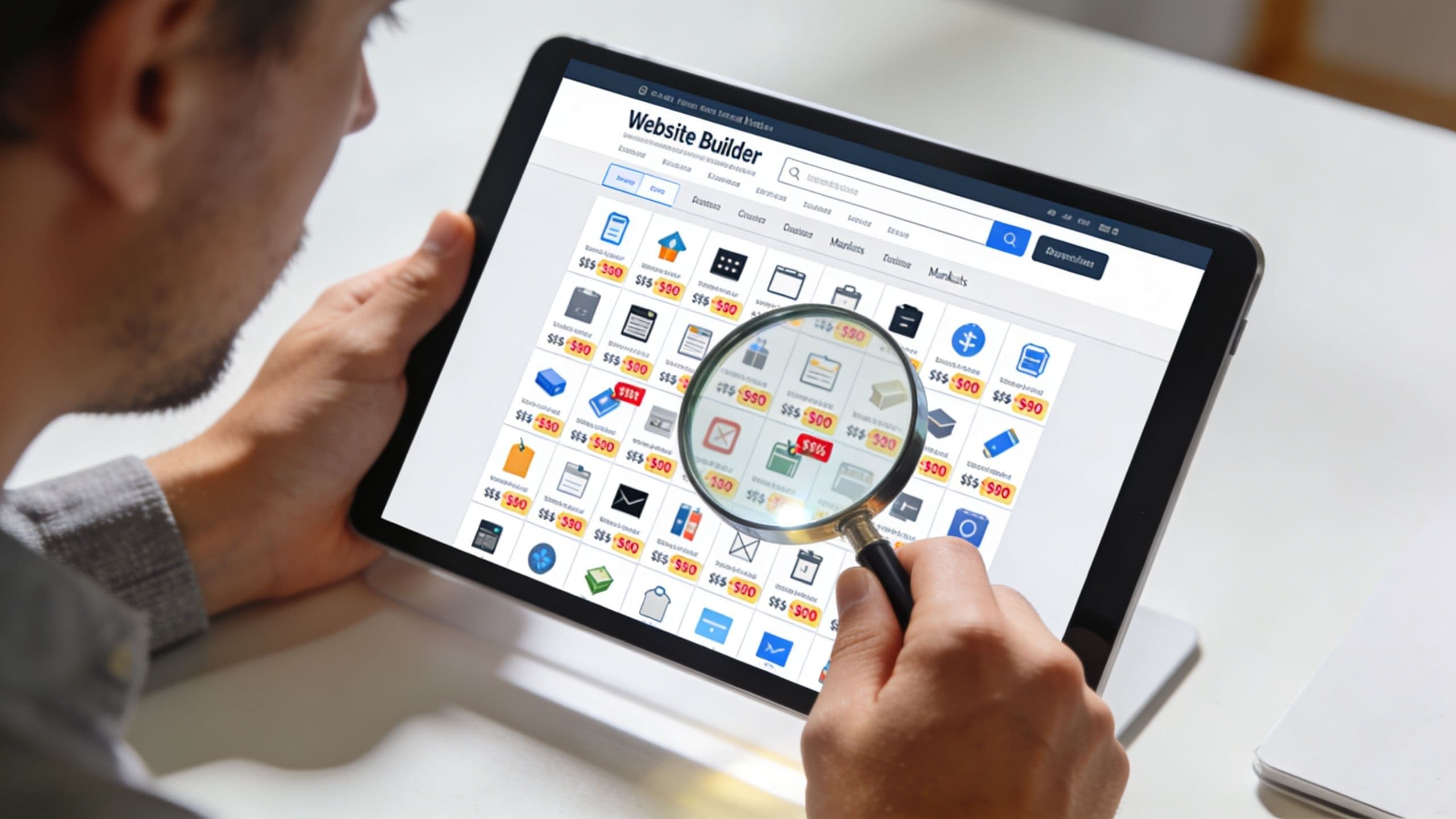 A person using a magnifying glass to examine pricing options on a website builder interface tablet.