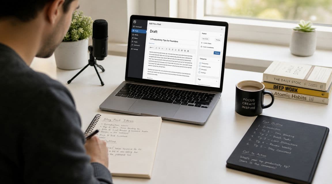 A person writing blog post ideas in a notebook while working on a laptop at a desk.