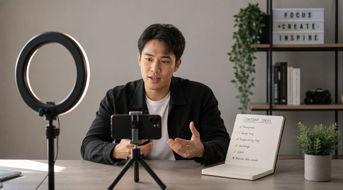 An Asian content creator recording a video using a smartphone and ring light for his social media channel.