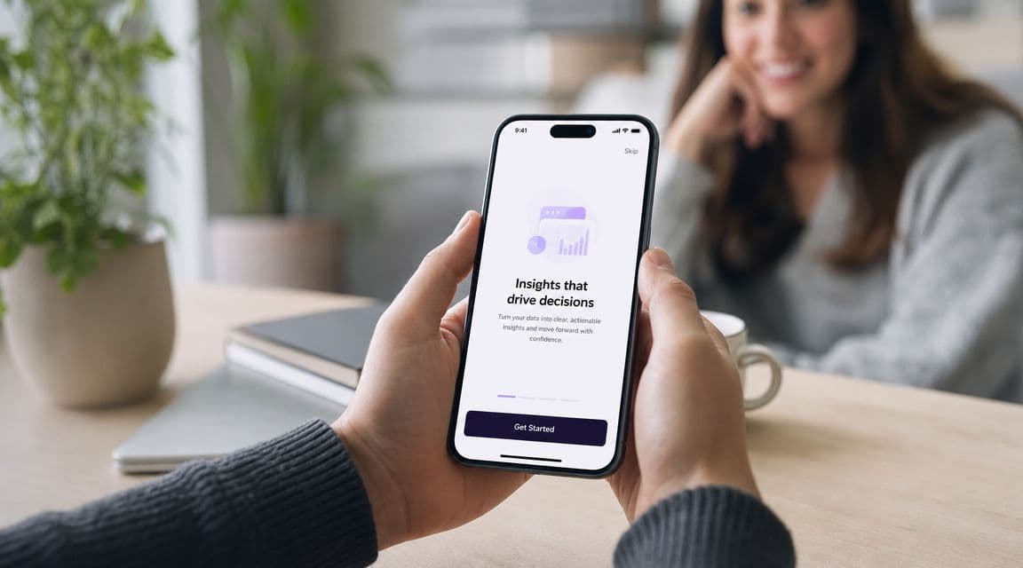 A person holding a smartphone displaying an onboarding screen for a business analytics mobile application.