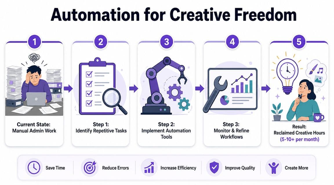 A five-step infographic showing how automation processes help reduce manual admin work and reclaim creative hours.