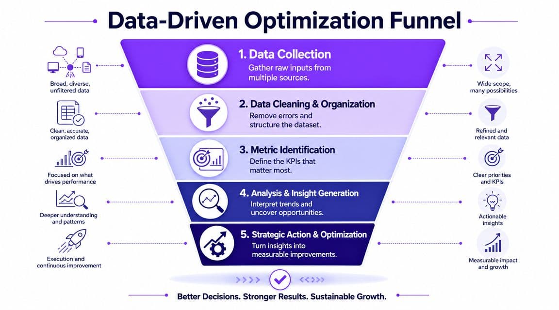 A five-step funnel chart illustrating the data-driven optimization process from collection to strategic action and growth.