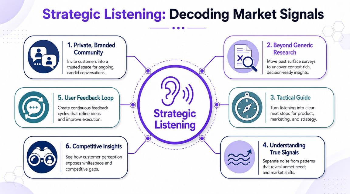 A strategic listening infographic with six steps for decoding market signals and customer insights effectively.