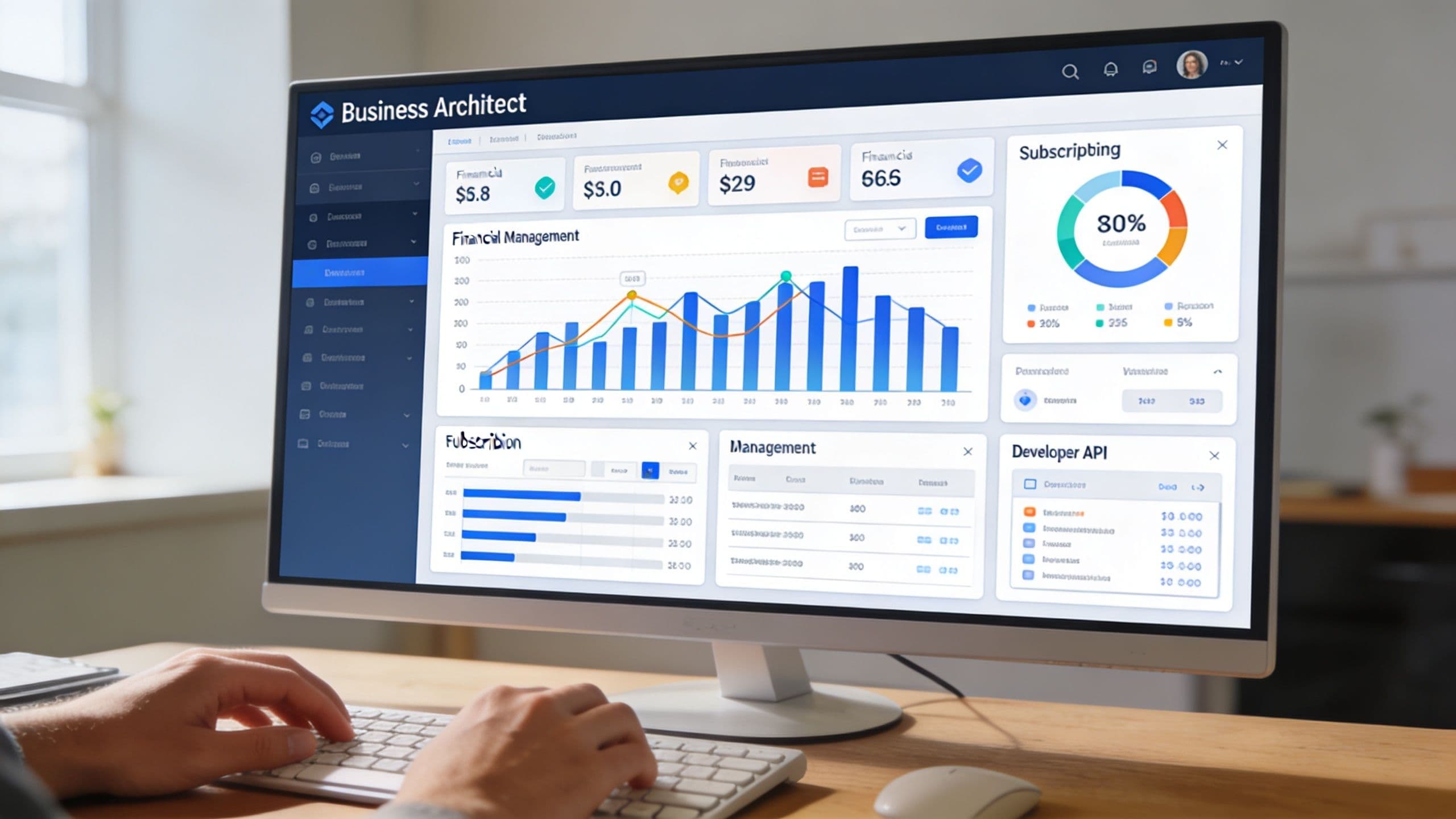 A person working at a computer screen displaying a financial business management and analytics dashboard.
