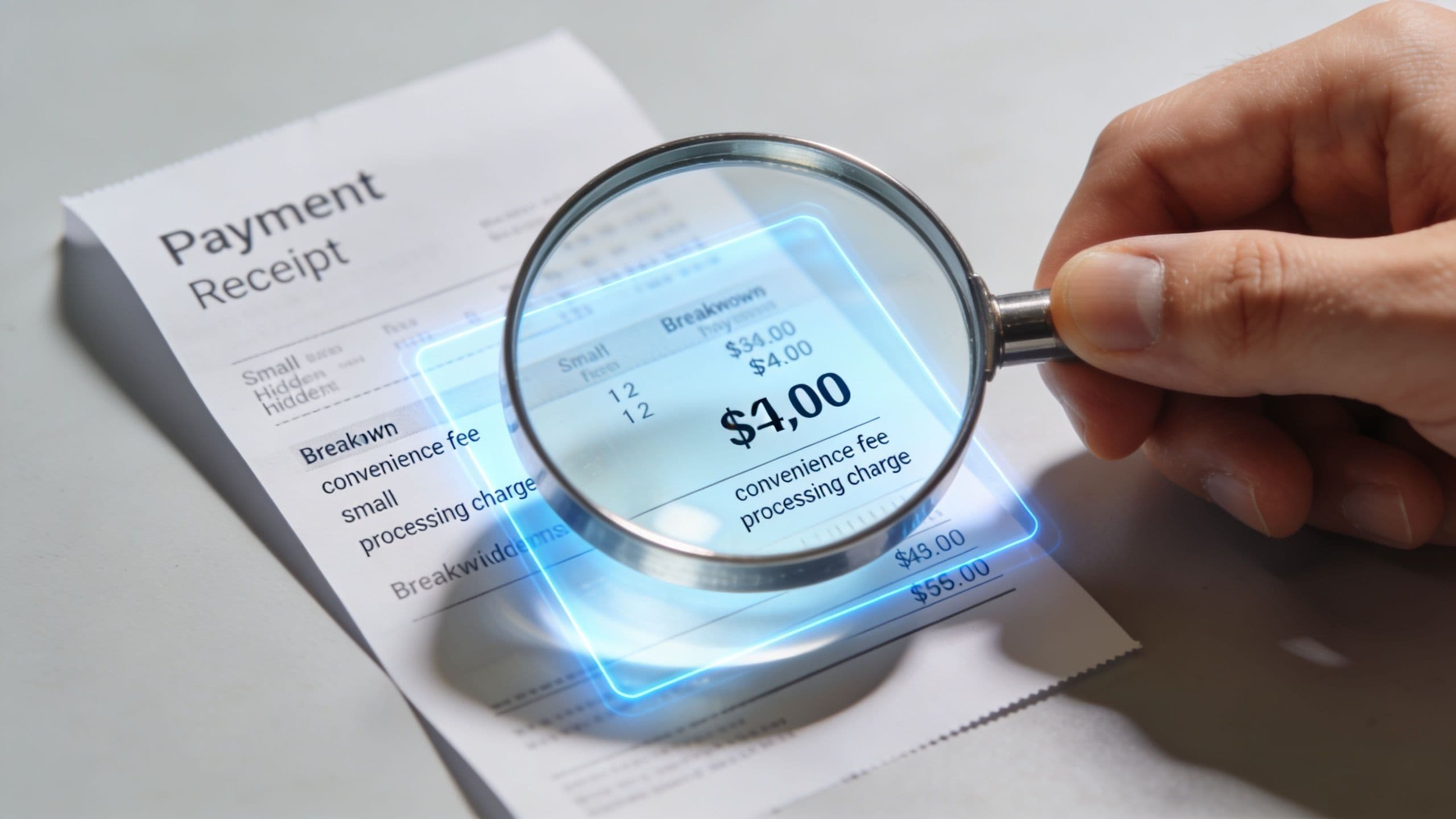 A hand holds a magnifying glass over a receipt, highlighting hidden payment processing and convenience fees.