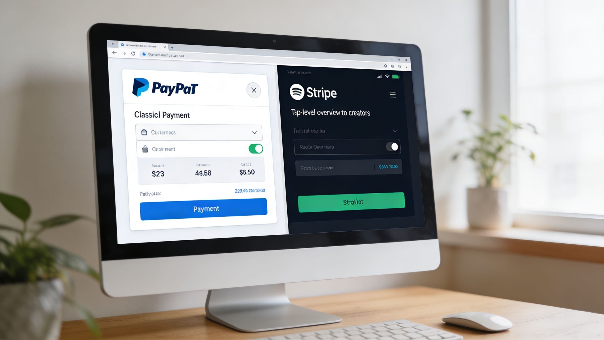 A computer monitor displaying a comparison between PayPal and Stripe payment interface screens on a desk.